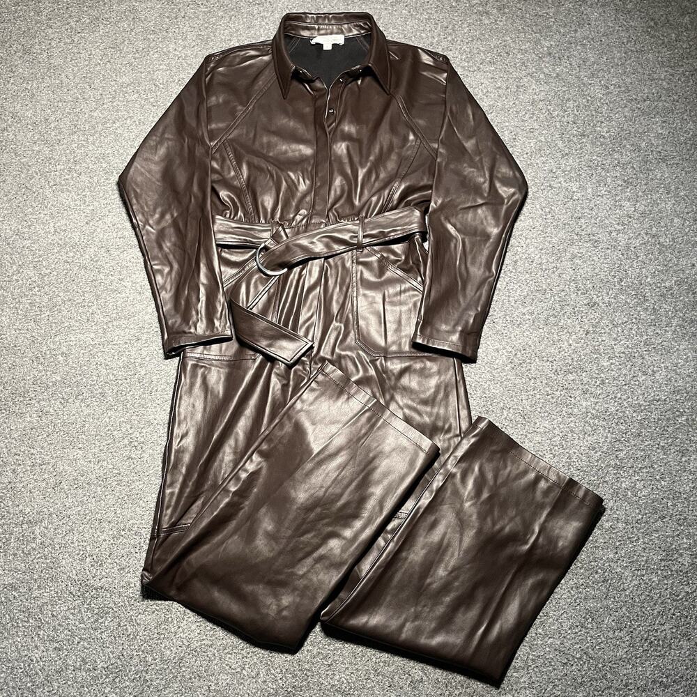 Marissa Webb Collective Jumpsuit Womens Size 6 Brown Faux Leather Zip Snap